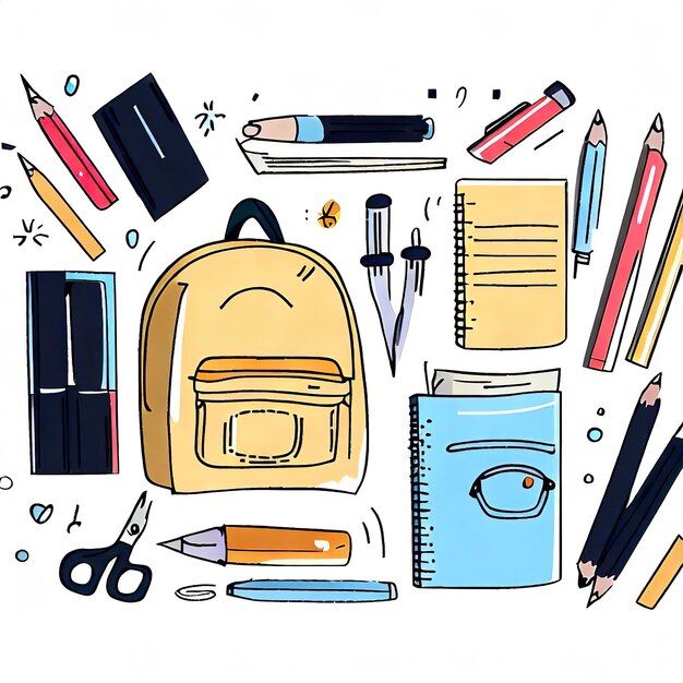 Set of school supplies Vector flat illustration in hand drawn style Back to school