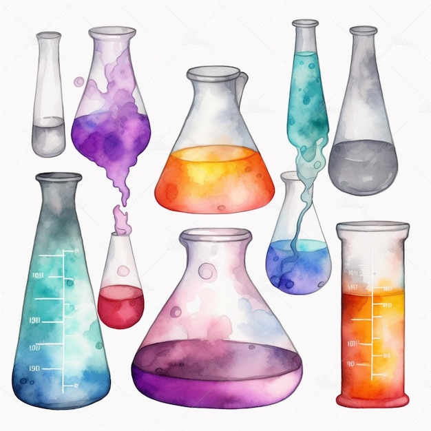 A set of science flasks with different liquids.