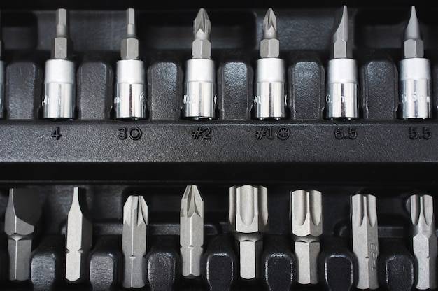 Set of screwdriver bits in socket toolbox