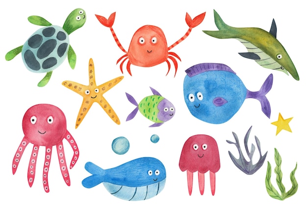 Set of sea inhabitants Watercolor illustration For children