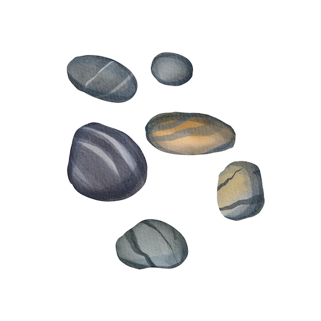 A set of sea stones of different sizes isolated on a white background Watercolor illustration of gray striped stones The underwater bottom Aquarium decoration Suitable for labels design pack