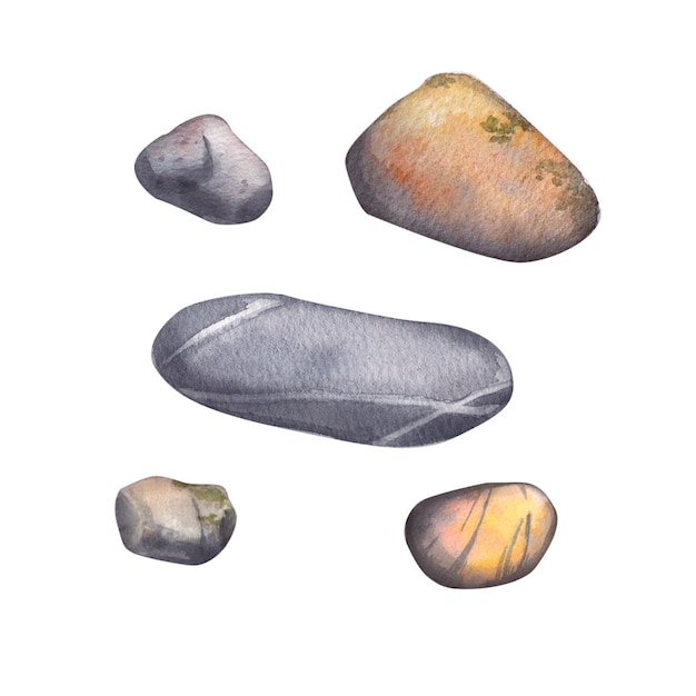 Набор морских камней разных размеров, выделенных на белом фоне Акварельная иллюстрация