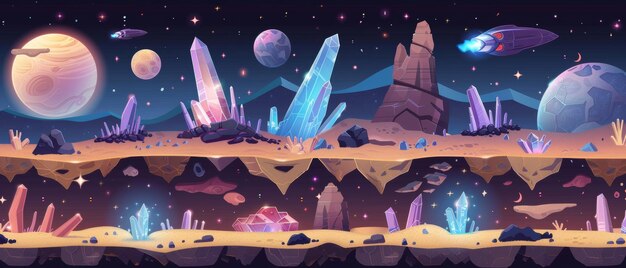 A set of seamless ground and asset layers that represent a space game Modern cartoon illustration of seamless soil layers cracked rocky surfaces crystal deserts and spaceships