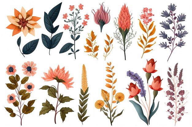 Photo set of separate parts of flowers in watercolors