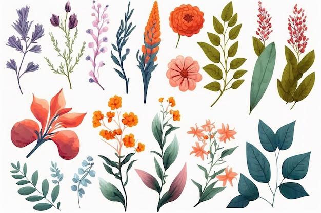 Photo set of separate parts of flowers in watercolors