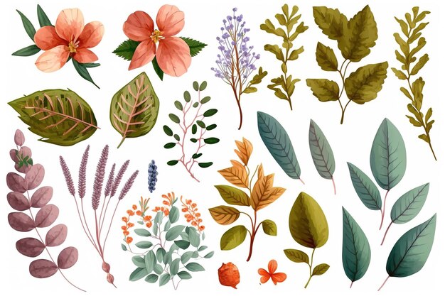 Set of separate parts of flowers in watercolors