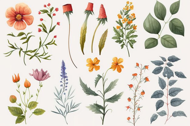 Set of separate parts of flowers in watercolors