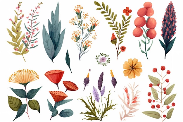 Photo set of separate parts of flowers in watercolors