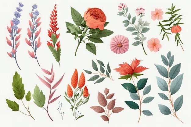 Photo set of separate parts of flowers in watercolors