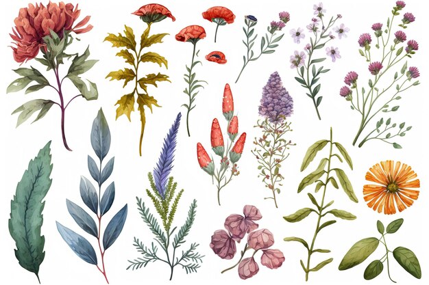 Set of separate parts of flowers in watercolors