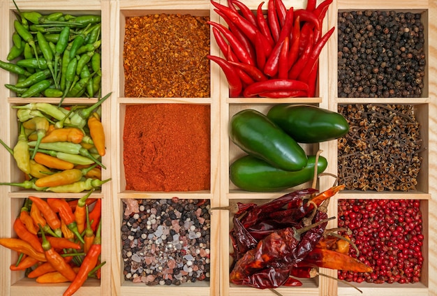 The set of several types of peppers in wooden boxes