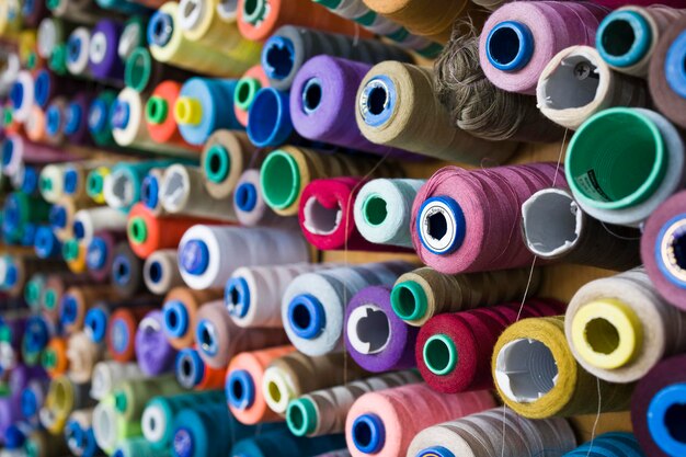 Set of sewing threads in different colors soft focus