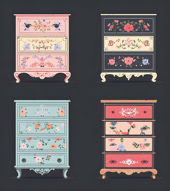 Set of Shabby Chic Dressers 8 Bit Pixel With Floral Patterns and La Game Asset Collage Art Design