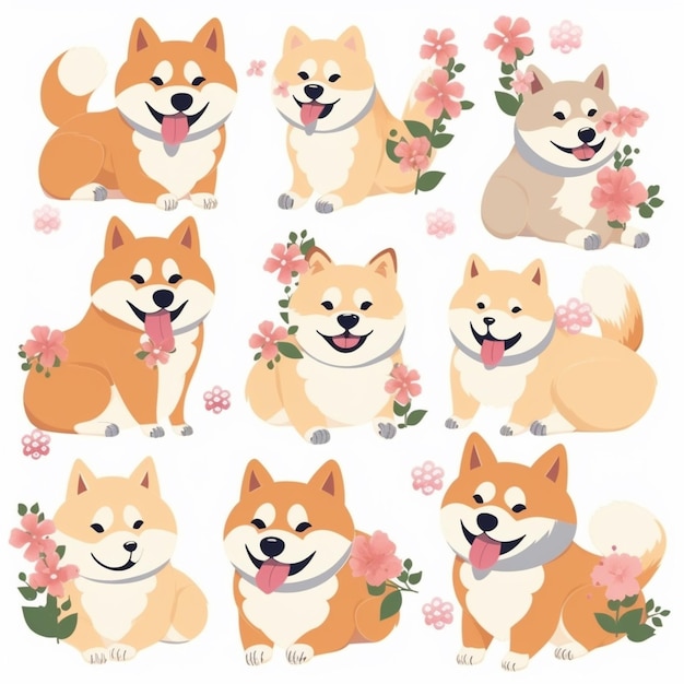 A set of shiba inu dogs with flowers