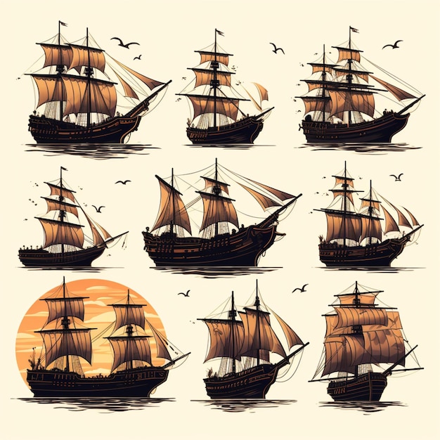 Set ship silhouette collection vessel illustration image ai generated art