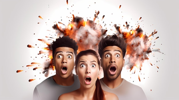 Photo set of shocked people with explosion on their head isolated on transparent background fictional person