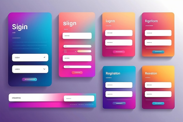 Photo set of sign up and sign in forms colorful gradient registration and login forms page