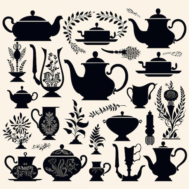 Photo a set of silhouettes of teapots and vases generative ai image