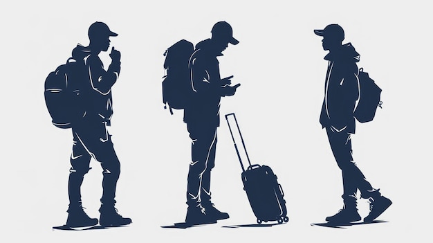 Set of silhouettes of tourists with suitcases illustration Generative AI