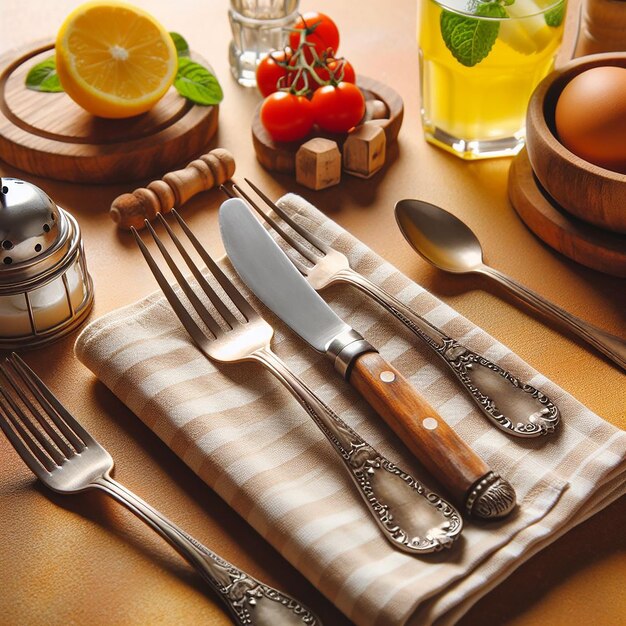 A set of silverware and spoons are on a table with a yellow napkin