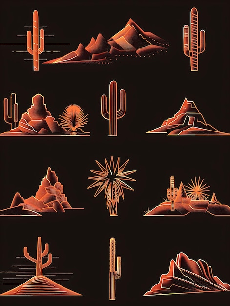 Photo set of simple desert 8 bit pixel with cacti and dunes and geometric game asset tshirt concept art