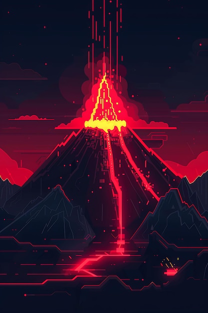 Set of Simple Volcano 8 Bit Pixel With Lava and Smoke and Geometric Game Asset Tshirt Concept Art