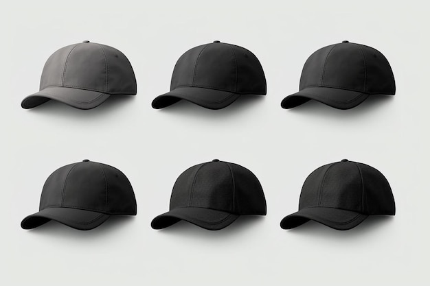 Photo a set of six black baseball caps on a white background