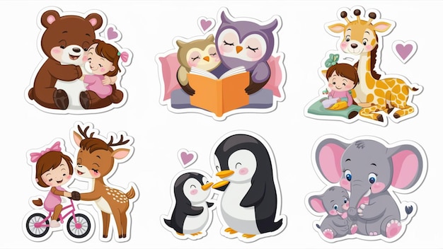 Photo a set of six cartoon motherdaughter stickers