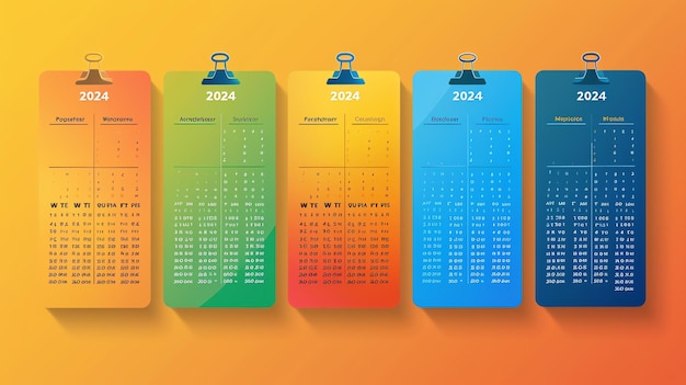 A set of six colorful monthly calendar templates for the year 2024