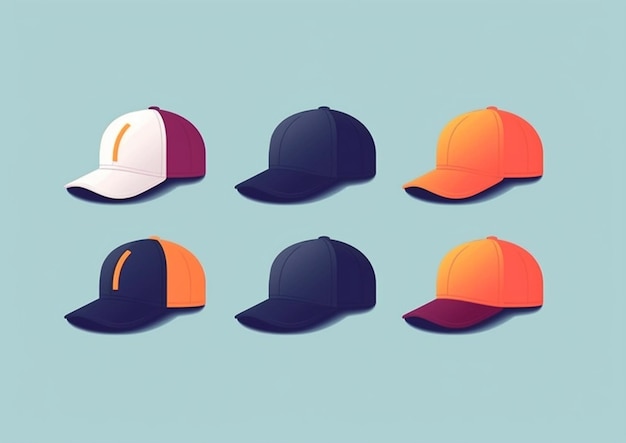 Photo a set of six different colored baseball caps on a blue background generative ai