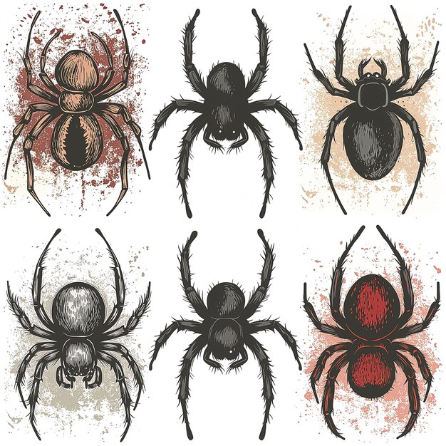 Photo a set of six different spider illustrations on a white background