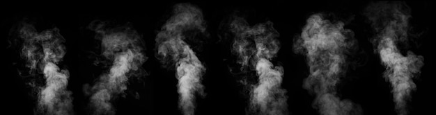 A set of six different types of swirling writhing smoke steam isolated on a black background for overlay