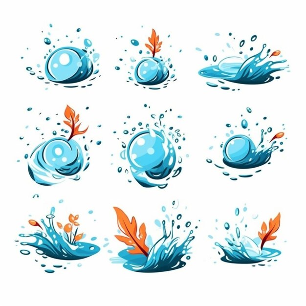 A set of six different water splashes with leaves and water drops generative ai