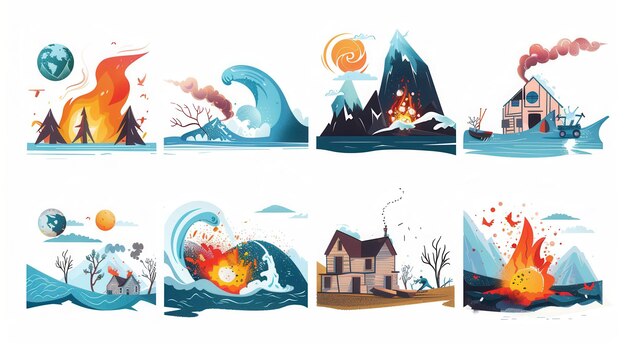 Photo a set of six flat illustrations depicting various natural disasters including forest fires hurricanes earthquakes floods and snow blizzards generative ai