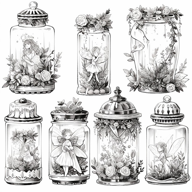 a set of six glass jars with flowers and plants inside generative ai