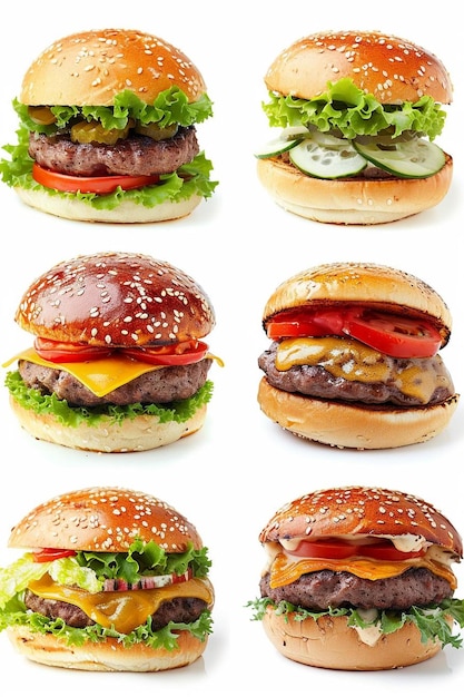 a set of six hamburgers with different toppings