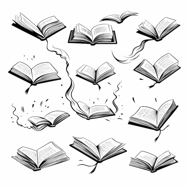 a set of six open books with flying pages generative ai