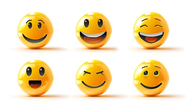 Photo a set of six yellow 3d rendered emoji faces the emoji faces have different expressions including happy sad surprised and winking