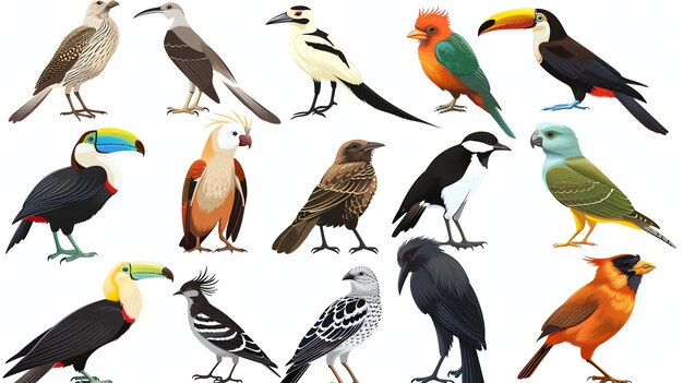 Photo a set of sixteen colorful bird illustrations the birds are of various species including toucans parrots and finches