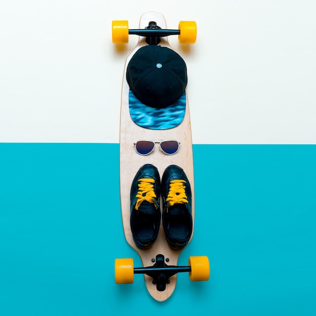 Set skateboarder. stylish active life. sneakers, sunglasses, skateboard, cap