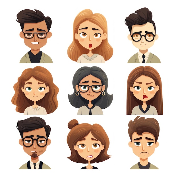 Set of Skeptical Faces Cartoon Style Head Shots AI Generated