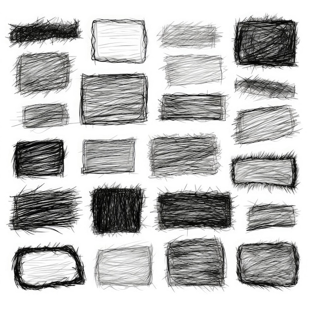 Photo set of sketched handwritten black pencil doodle rectangle textures illustration of hand drawn cribble frames isolated on white background generative ai illustration