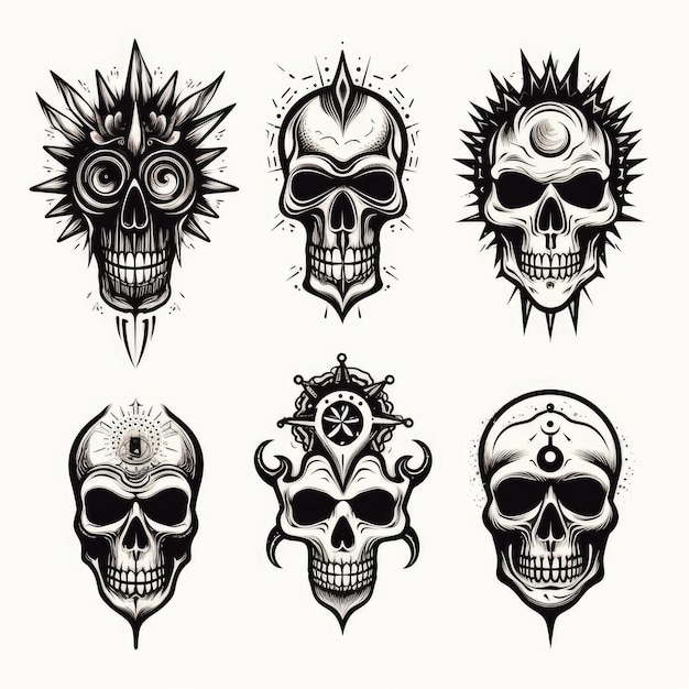 Set of skull tattoo flash AI generated Image