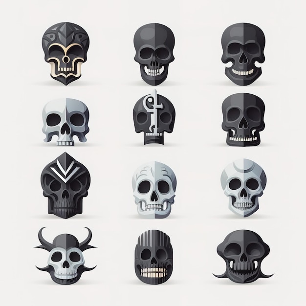 A set of skulls with different designs including one that says skull.