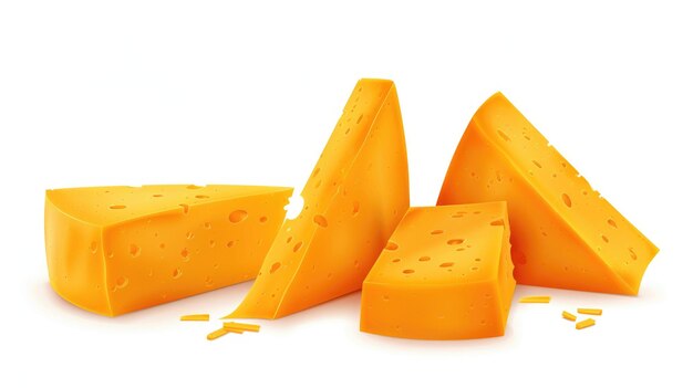 Set of slices of cheddar cheese isolated Hot stretching cheese