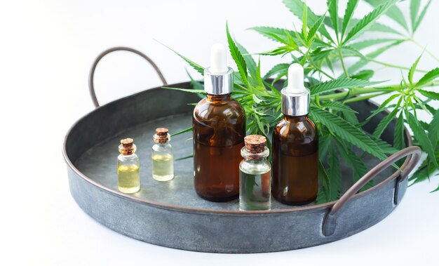 Set di piccole bottiglie di vetro e flaconi contagocce con olio di cannabis cbd, tintura di thc accanto alle foglie di canapa sul vassoio