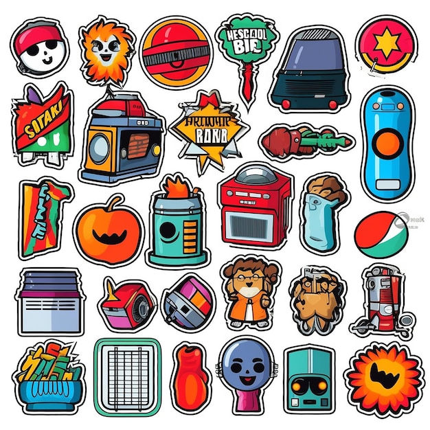 A set of small vinyl stickers pop art style popular objects