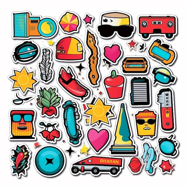 A set of small vinyl stickers pop art style popular objects