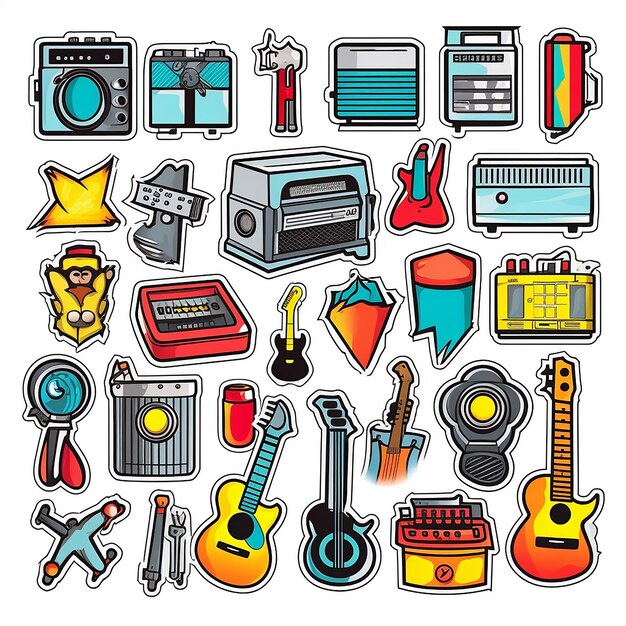 A set of small vinyl stickers pop art style popular objects