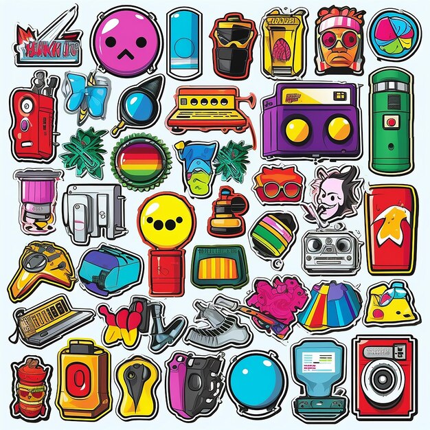 A set of small vinyl stickers pop art style popular objects